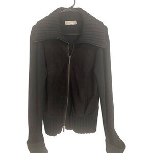 Dana Buchman Womens Black Knit & Suede Zip-Up Cardigan Sweater Jacket Size S War